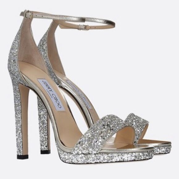 Jimmy Choo Misty Silver Glitter Sandals - Picture 1 of 8